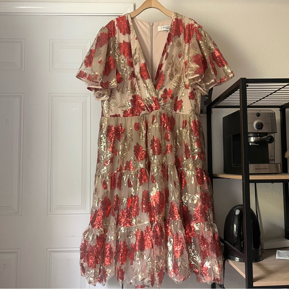 JessaKae Red Sequin Floral Midi Dress with Gold Accents
